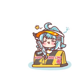  1girl :d ahoge animal blue_hair blush_stickers bug butterfly chibi closed_eyes colored_shadow commentary_request gun hair_ornament heart heart_hair_ornament highres holding holding_gun holding_weapon jacket long_sleeves mitarashi_neko multicolored_hair puffy_long_sleeves puffy_sleeves shadow shiranami_ramune simple_background smile solo streaked_hair virtual_youtuber visor_cap vspo! weapon weapon_request white_background white_hair white_jacket 