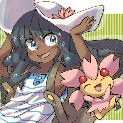  1girl backpack bag black_hair blue_eyes brown_bag cherrim cherrim_(sunshine) closed_eyes commentary dark-skinned_female dark_skin dress english_commentary hat highres long_hair open_mouth pokemon pokemon_(creature) sereneraven sleeveless sleeveless_dress striped_clothes striped_dress very_dark_skin white_dress white_hat 
