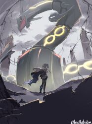  1girl absurdres alternate_color black_hair black_sclera bo_(bouillustration) cape claws cloak clouds cloudy_sky colored_sclera commentary_request dragon eastern_dragon grey_cape grey_shorts highres holding holding_poke_ball open_mouth outdoors poke_ball poke_ball_(basic) pokemon pokemon_(creature) pokemon_oras ponytail rayquaza red_eyes rope_belt shiny_pokemon shirt short_hair short_ponytail shorts sky sky_pillar yellow_eyes zinnia_(pokemon) 