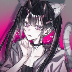  1boy animal_ears bikini black_bikini black_choker black_hair blush cho_kaguya-hime! choker collarbone commentary_request crossdressing crossdressing_(mtf) demon_boy demon_horns heart heart_choker horns jacket k_(k4aaas) komazawa_noi looking_at_viewer male_focus multicolored_hair open_clothes open_jacket open_mouth pink_eyes pink_jacket pink_streaks sidelocks smile solo streaked_hair swimsuit tail tiger_boy tiger_ears tiger_tail trap twintails upper_body 