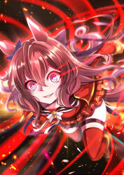  1girl animal_ears blue_bow bow breasts brown_hair brown_sailor_collar commentary_request cropped_jacket ear_bow eye_trail glowing glowing_eyes hair_between_eyes hero_(10cl3) highres horse_ears horse_girl horse_tail jacket leaning_forward light_trail long_hair long_sleeves looking_at_viewer maruzensky_(formula_r)_(umamusume) maruzensky_(umamusume) open_mouth red_aura red_eyes red_jacket red_serafuku red_shirt red_skirt red_thighhighs running sailor_collar school_uniform serafuku shirt skirt smile solo tail thigh-highs thigh_strap umamusume 