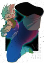  1boy black_background blonde_hair blue_pants blue_shirt blurry blurry_foreground boots border commentary_request crossed_arms dougi dragon_ball dragon_ball_z earrings full_body green_eyes highres jewelry male_focus medium_hair muscular muscular_male orange_shirt pants potara_earrings shirt simple_background smirk solo spiky_hair stktik09060906 super_saiyan super_saiyan_1 vegetto white_boots white_border 