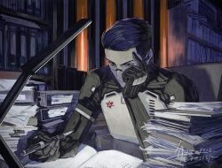  1boy adler_(signalis) android blue_eyes blue_hair bookshelf dated desk desk_lamp fune_(nkjrs12) hand_on_own_face highres holding holding_pen indoors lamp male_focus notebook paper pen short_hair signalis signature sitting skin_seams solo stack upper_body 