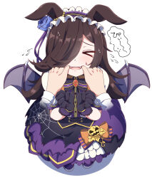  >_< 1girl 1other animal_ears bat_wings black_gloves blue_flower blue_rose blush bow brown_hair commentary_request fangs flipped_hair flower frilled_hairband frills gloves hair_over_one_eye hairband halloween_costume hiro_(pqtks113) horse_ears horse_girl lace-trimmed_gloves lace_trim long_hair long_sleeves official_alternate_costume open_mouth puffy_short_sleeves puffy_sleeves purple_wings rice_shower_(umamusume) rice_shower_(vampire_makeover!)_(umamusume) rose sharp_teeth shirt short_sleeves skirt speech_bubble spider_web_print sweat teeth umamusume upper_teeth_only white_shirt wings 