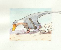  animal_focus blue_sky border commentary dinosaur dinosaur_skull feathered_dinosaur highres no_humans original outside_border painting_(medium) paleoart red_eyes shin'ichiroo sky solo traditional_media velociraptor watercolor_(medium) 