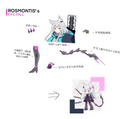  absurdres arknights arm_support barcode barcode_tattoo bodysuit cameltoe chibi chinese_text commentary_request corruption dark_persona facial_tattoo highres latex latex_bodysuit mechanical_tail mind_control neon_trim reference_sheet rosmontis_(arknights) sitting tail tattoo user_fhua3883 wariza 