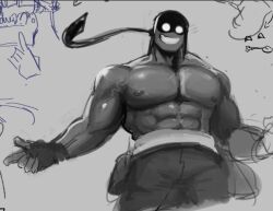  1boy abs bandana bare_pectorals biceps black_bandana black_gloves black_pants black_skin colored_skin fingerless_gloves gloves glowing glowing_eyes large_pectorals leixo_demo looking_at_viewer madness_combat muscular muscular_male pants pectorals sanford_(madness_combat) smile veins veiny_arms white_eyes 