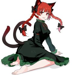  1girl absurdres animal_ear_fluff animal_ears barefoot bow braid breasts cat_ears cat_tail chinese_commentary commentary_request dress extra_ears gemen_daochu_shuijiao green_dress hair_bow highres kaenbyou_rin long_hair long_sleeves looking_at_viewer medium_breasts multiple_hair_bows multiple_tails neck_ribbon nekomata open_mouth pointy_ears red_eyes red_hair red_ribbon ribbon simple_background sitting smile soles solo tail touhou twin_braids two_tails white_background 