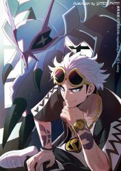  1boy arm_tattoo closed_mouth commentary_request eyewear_on_head glint golisopod guzma_(pokemon) highres light_particles looking_at_viewer male_focus meiji_ken pokemon pokemon_(creature) pokemon_sm shirt short_hair signature smile sunglasses tattoo watch watch white_hair white_shirt 