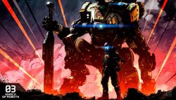  1boy assault_visor blue_eyes blue_visor broadsword_(titanfall_2) bt-7274 commentary embers english_commentary explosion full_body glowing glowing_eye helmet holding holding_sword holding_weapon jack_cooper juan_richard_feliz mecha mecha_pilot_suit on_one_knee one-eyed planted planted_sword robot science_fiction smoke standing sword titan_(titanfall) titanfall_(series) titanfall_2 vanguard_(titanfall_2) weapon 