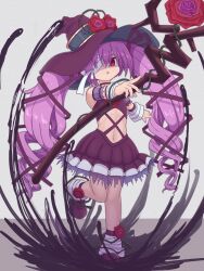  1girl absurdres bandage_over_one_eye clothing_cutout dress emil_chronicle_online flower grey_background hair_ribbon hat hat_flower highres holding holding_staff mummy_alma navel navel_cutout open_mouth purple_dress purple_hair purple_hat purple_ribbon purple_shoes red_eyes ribbon rna0 rose shoes sleeveless sleeveless_dress solo staff standing standing_on_one_leg twintails witch_hat 