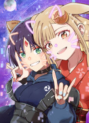  2girls absurdres animal_ears black_choker blonde_hair blue_hoodie blue_kimono blue_nails chinese_commentary cho_kaguya-hime! choker clenched_teeth colored_inner_hair commentary_request drawn_ears drawn_whiskers fox_ears fox_girl fox_shadow_puppet full_moon highres hood hood_down hoodie japanese_clothes kaguya_(cho_kaguya-hime!) kimono kuroi_f long_hair medium_hair moon multicolored_hair multiple_girls nail_polish open_mouth rabbit_ears rabbit_girl red_kimono red_nails sakayori_iroha sidelocks teeth upper_teeth_only 