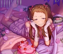  1girl back_bow bare_shoulders birthday birthday_cake bow brown_hair cake cosmetics dress english_commentary fang flower food fork gloves grin hair_bow happy_birthday head_on_hands head_rest holding holding_fork idolmaster idolmaster_cinderella_girls koseki_reina kurata_no_yume leg_up lipstick_tube long_hair lying macaron multiple_hair_bows neck_ribbon off-shoulder_dress off_shoulder on_bed on_stomach petals pink_dress pink_flower pink_rose plate ribbon rose rose_petals smile socks solo two_side_up violet_eyes white_gloves white_socks 