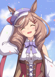  1girl absurdres animal_ears blue_bow blue_bowtie blue_hat blue_sky blush bow bowtie breasts brown_hair center_frills closed_eyes clothing_cutout clouds collared_shirt commentary_request confetti corset ears_through_headwear facing_viewer frills hair_ornament hairclip hat highres horse_ears horse_girl long_hair matikanetannhauser_(panpaka_tiltott)_(umamusume) matikanetannhauser_(umamusume) multicolored_hair newsboy_cap open_mouth parallel_hairclips red_corset ryochan96154 shirt shoulder_cutout sky smile solo streaked_hair tilted_headwear umamusume upper_body white_shirt 