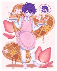  2boys antenna_hair apron arrow_(symbol) barefoot blush brothers cheromo159 chibi chibi_inset collared_pajamas colored_skin commentary double-parted_bangs english_commentary food hair_between_eyes hero_(headspace)_(omori) hero_(omori) highres holding holding_plate kel_(headspace)_(omori) kel_(omori) looking_at_viewer multiple_boys omori one_eye_closed open_mouth pajamas pants pink_apron plate purple_hair short_hair siblings smile striped_clothes striped_pajamas striped_pants thumbs_up vertical-striped_clothes vertical-striped_pajamas vertical-striped_pants violet_eyes waffle white_pants white_skin 