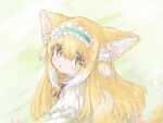  1girl :o animal_ear_fluff animal_ears arknights blonde_hair blush fox_ears fox_girl fox_tail frilled_hairband frills green_eyes hair_between_eyes hairband highres long_hair looking_at_viewer multicolored_hair multiple_tails parted_lips reitoubeef simple_background solo suzuran_(arknights) suzuran_(spring_praise)_(arknights) tail upper_body white_hair 
