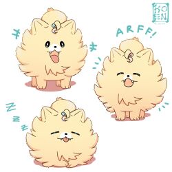  :d absurdres ahoge animalization artist_name beads closed_eyes commentary dog fangs hair_beads hair_ornament highres ko3n millie_parfait multiple_views nijisanji nijisanji_en no_humans pokemon pokemon_(creature) pokemon_ww pombon simple_background smile twitter_username untranslatable_commentary virtual_youtuber white_background zzz 