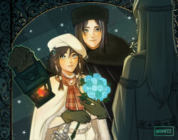  1boy 1girl a_song_of_ice_and_fire arm_around_shoulder arte072 artist_name arya_stark black_cloak black_gloves black_hair black_hat blue_flower blue_rose bouquet brother_and_sister brown_hair cloak closed_mouth commentary english_commentary flower fur-trimmed_cloak fur_trim gloves grey_eyes hat highres holding holding_bouquet holding_lantern jon_snow lantern light_smile lyanna_stark mausoleum parted_lips rose siblings statue sword upper_body weapon white_cloak white_hat 