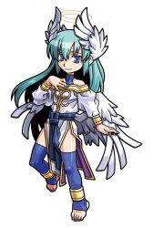  1girl angel angel_wings anklet aqua_hair blue_eyes blue_ribbon blue_shirt blue_thighhighs bracelet closed_mouth dress feathered_wings gold_trim hair_between_eyes halo hand_on_own_chest harakawa_mitsuhiro head_wings jewelry light_smile long_hair off-shoulder_dress off_shoulder official_art ribbon ruriel shinrabanshou shirt solo stirrup_legwear thigh-highs third-party_source toeless_legwear traditional_halo transparent_background waist_ribbon white_dress wings 