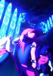  1boy 1girl 1other absurdres alt_text androgynous animal_ears antenna_hair arm_behind_head artist_name black_bodysuit black_eyes black_hair blue_skin bodysuit bracelet cape closed_mouth colored_sclera colored_skin commentary delta_rune_(symbol) deltarune english_commentary furry furry_female furry_male gloves hand_up highres horns jewelry kris_(dark_world)_(deltarune) kris_(deltarune) long_hair lyokoblight mizzle_(deltarune) musical_staff no_eyes omori purple_hair purple_skin ralsei red_cape round_eyewear shaded_face short_hair spiked_bracelet spikes stained_glass susie_(dark_world)_(deltarune) susie_(deltarune) treble_clef utdr_(toby_fox) yellow_sclera 