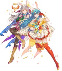  2girls animal_ear_hairband animal_ears aqua_eyes aqua_hair bare_shoulders bird black_pantyhose blue_eyes blue_hair blue_shirt blush boots breasts brown_boots brown_gloves clenched_teeth damaged dress eirika_(fire_emblem) eirika_(spring_company)_(fire_emblem) fake_animal_ears fake_tail fingerless_gloves fire_emblem fire_emblem:_radiant_dawn fire_emblem:_the_sacred_stones fire_emblem_heroes flower gloves grey_hair hair_ribbon hairband high_heels highres holding kippu long_hair looking_at_viewer micaiah_(fire_emblem) micaiah_(spring_company)_(fire_emblem) multiple_girls neckerchief non-web_source official_alternate_costume official_art one_eye_closed pantyhose purple_neckerchief purple_vest rabbit_ears rabbit_tail red_boots red_gloves red_neckerchief red_shirt ribbon shirt skirt sleeveless smile stuffed_animal stuffed_rabbit stuffed_toy tail teeth thigh_boots torn_clothes torn_dress vest white_hairband white_skirt yellow_eyes yellow_vest 