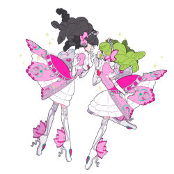  2girls black_hair boots bow dress eye_contact face-to-face falulu from_side full_body gaaruru_(pripara) green_hair hair_bow hands_up headphones long_hair looking_at_another matching_outfits multiple_girls open_mouth pink_bow pink_dress pretty_series pripara profile puffy_short_sleeves puffy_sleeves short_sleeves simple_background smile soroe_katsuo sparkle standing standing_on_one_leg thigh_boots tiara twintails white_background white_boots winding_key 