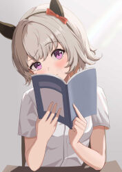  1girl animal_ears black_hairband blush book bow breasts chair closed_mouth commentary_request curren_chan_(umamusume) desk ear_bow ear_covers grey_hair guree_(haiiro) hair_between_eyes hairband highres holding holding_book horse_ears horse_girl looking_at_viewer on_chair red_bow school_desk school_uniform shirt short_hair short_sleeves sitting solo umamusume violet_eyes white_shirt 