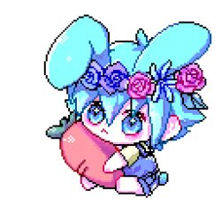  1boy animal_ears barefoot basil_(headspace)_(omori) basil_(omori) carrot colored_skin commentary_request double-parted_bangs flower flower_wreath green_eyes green_hair hair_between_eyes head_wreath holding holding_carrot kemonomimi_mode korean_commentary male_focus omori omori_0614 pixel_art rabbit_boy rabbit_ears rabbit_tail short_hair sidelocks solo tail white_skin 