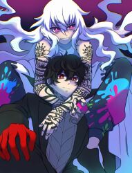  1boy 1girl amamiya_ren arm_tattoo arms_around_neck baggy_pants bare_shoulders black_coat black_hair black_pants black_shoes bright_pupils can chromatic_aberration closed_mouth coat commentary english_commentary finger_tattoo gloves grey_shirt guernica_(p5t) hair_between_eyes hand_on_own_knee hand_tattoo highres holding holding_can holding_spray_can joker_(persona_5) long_hair long_sleeves looking_at_viewer messy_hair paint_on_clothes paint_splatter paladrawthings pants persona persona_5 persona_5_tactica pink_background pink_eyes red_eyes red_gloves shirt shoes short_hair sleeveless sleeveless_shirt smile solo spray_can spray_paint tank_top tattoo tattoo_sleeve two-tone_pants very_long_hair wavy_hair white_hair white_pants white_pupils white_tank_top 