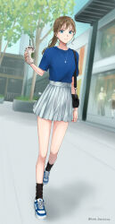  1girl absurdres bag blue_eyes blue_shirt commentary_request commission cup day disposable_cup drink drinking_straw highres holding holding_cup holding_drink long_hair looking_at_viewer original outdoors pixiv_commission ponytail setu_kurokawa shirt short_sleeves shoulder_bag skirt solo starbucks thighs white_skirt 