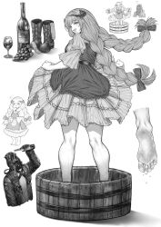  1girl absurdres alcohol arknights bagpipe_(arknights) bagpipe_(echo_of_bagpipes)_(arknights) barefoot boots bottle braid cigaros collage cup doctor_(arknights) dragon_horns dress drinking_glass feet food from_behind fruit grape_stomping grapes highres horns kneepits long_hair looking_at_viewer looking_back low_twin_braids monochrome overalls skirt_hold socks soles toes twin_braids unworn_boots unworn_socks white_background wine wine_bottle wine_glass 
