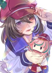  1girl absurdres adjusting_eyewear animal_ears black_hair commentary_request doll doushi_tatsu_to_dekkai_no dress ears_through_headwear hair_between_eyes hat highres holding holding_doll horse_ears horse_girl horse_tail looking_at_viewer marche_lorraine_(umamusume) pink_hair pink_hat purple_sailor_collar purple_shirt purple_skirt red_hat red_sash sailor_collar sash school_uniform shirt short_hair skirt solo tail tracen_school_uniform umamusume violet_eyes white_dress 