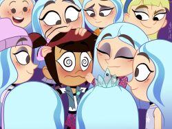  6+girls andrea_davenport clone_harem closed_eyes closed_mouth commentary eyeshadow highres joseartcentenoofficial makeup meme molly_mcgee multicolored_hair multiple_girls open_mouth sonic_surrounded_by_amy_plush_dolls_(meme) the_ghost_and_molly_mcgee tiara two-tone_hair yuri 