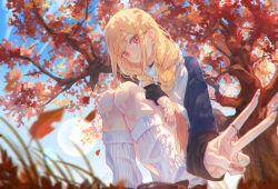  1girl absurdres autumn blonde_hair blue_sky braid braided_twintails branch choker claw_ring closed_mouth collar commentary_request dappled_sunlight earrings fingernails grass head_tilt highres jewelry kitagawa_marin long_hair long_sleeves looking_at_viewer loose_socks nail_polish red_eyes red_leaf red_nails ring scarf shadow sky smile socks solo sono_bisque_doll_wa_koi_wo_suru squatting suikagcy sunlight tree v white_scarf 