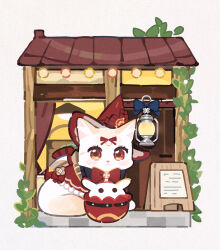  animal animal_focus animalization blue_bow blush bow cat commentary english_commentary genshin_impact gentlecat hat highres klee_(genshin_impact) lantern leaf looking_at_viewer no_humans red_hat sign witch_hat 
