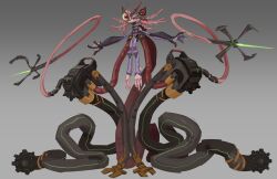  1girl alien antennae axolotl_girl ben_10 bodysuit colored_sclera colored_skin cyborg full_body galvan gills green_sclera highres jzdraws mechanical_jaw mechanical_tentacles original pink_skin purple_bodysuit red_eyes single_mechanical_eye solo stirrup_legwear toeless_legwear webbed_hands 