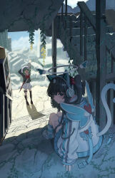  2girls absurdres angel_wings animal_ear_headphones animal_ears arm_behind_head arm_up black_hair black_shirt black_socks blue_eyes blue_trim blush bow bowtie brown_shoes cat_ear_headphones cat_ears cat_tail closed_eyes commentary dystopia fake_animal_ears fake_tail fake_wings glasses green_hair hair_bobbles hair_bow hair_ornament hairclip halo hand_on_ground hand_on_own_opposite_thigh hat headphones heart highres jacket looking_at_viewer looking_back loose_socks multiple_girls newsboy_cap open_mouth original parm pleated_skirt red_bow red_bowtie round_eyewear ruins scenery shirt shoes sitting sitting_on_stairs skirt socks stairs stairwell standing striped_clothes striped_socks tail track_jacket twintails umbrella white_hat white_jacket white_skirt winged_halo wings yawning 