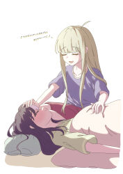  2girls absurdres ahoge black_hair blonde_hair blue_shirt blush cho_kaguya-hime! closed_eyes closed_mouth commentary_request green_shirt highres kaguya_(cho_kaguya-hime!) long_hair lying multiple_girls open_mouth pajamas pillow red_shorts sakayori_iroha shirt short_sleeves shorts thereaakari translation_request 