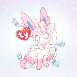  artist_name atom_palace beanie_babies blue_eyes fabric highres no_humans pastel_(medium) pastel_colors pokemon pokemon_(creature) ribbon solo solo_focus stuffed_animal stuffed_toy sylveon tag traditional_media 