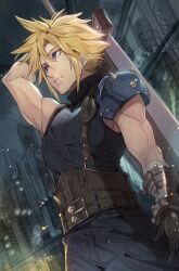  armor bandaged_arm bandages belt blonde_hair blue_eyes blue_pants blue_shirt brown_belt brown_gloves buster_sword city closed_mouth cloud_strife commentary_request cowboy_shot duplicate earrings final_fantasy final_fantasy_vii gloves hair_between_eyes highres holding holding_sword holding_weapon jewelry multiple_belts nasubin_(nasubisamurai15) outdoors pants pauldrons ribbed_shirt shirt short_hair shoulder_armor single_bare_shoulder single_earring single_pauldron sleeveless sleeveless_turtleneck spiky_hair suspenders sword sword_on_back toned toned_male turtleneck weapon weapon_on_back 