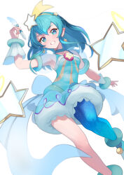  1girl absurdres aqua_eyes aqua_hair aqua_jumpsuit aqua_shoes back_bow blue_bow blue_choker bow bracelet brooch choker commentary cure_milky earrings eyelashes feet_out_of_frame frilled_bracelet green_choker grin hagoromo_lala hair_between_eyes hair_ornament hairband head_tilt highres holding holding_pen jewelry jumpsuit large_bow looking_at_viewer magical_girl medium_hair omega_takai pen pointy_ears precure see-through_clothes see-through_sleeves shoes short_jumpsuit short_sleeves simple_background single_leg_pantyhose smile solo star_(symbol) star_brooch star_color_pen star_earrings star_hair_ornament star_in_eye star_twinkle_precure symbol_in_eye white_background yellow_hairband 
