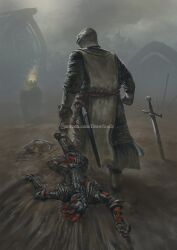  2boys a_knight_of_the_seven_kingdoms a_song_of_ice_and_fire aerion_targaryen armor artist_name chainmail commentary dirt dragging draw_souls duncan_the_tall english_commentary fog from_behind full_armor full_body gauntlets helmet male_focus multiple_boys outdoors overcast patreon_username planted planted_sword sheath shield sky sword watermark weapon web_address 