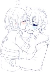 1boy 1other ;d animification antenna_hair artist_name blush blush_visible_through_hair collarbone colored_sclera double-parted_bangs eyes_visible_through_hair face-to-face facing_another flying_sweatdrops from_side fur-trimmed_jacket fur_trim greyscale grid_teeth grin hair_between_eyes hand_on_another's_back hand_on_another's_cheek hand_on_another's_face hand_up heart highres humanization jacket kiss kissing_cheek long_sleeves looking_at_another monochrome nose_blush one_eye_closed open_clothes open_jacket other_with_male profile puffy_long_sleeves puffy_sleeves sasucchi95 shirt short_hair simple_background smile spot_color striped_clothes striped_sweater sweater thick_eyebrows white_background