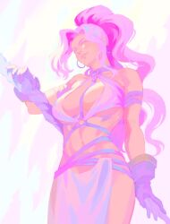  1girl 45liza109 breasts earrings gensou_suikoden gensou_suikoden_iv high_ponytail highres holding holding_staff jeane_(suikoden) jewelry long_hair pink_hair ponytail revealing_clothes smile staff 