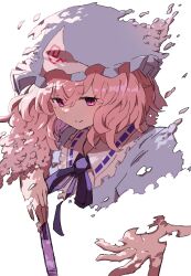  1girl blue_hat blue_kimono bow bowtie closed_mouth commentary folded_fan folding_fan frilled_kimono frills hand_fan hat highres holding holding_fan japanese_clothes kasuokasuto kimono mob_cap petals pink_eyes pink_hair pink_petals purple_bow purple_bowtie saigyouji_yuyuko simple_background smile solo touhou triangular_headpiece white_background 