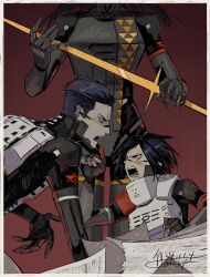  1boy 2girls adler_(signalis) android angry arguing black_hair border commentary_request dated eye_contact facial_mark falke_(signalis) forehead_mark fune_(nkjrs12) head_out_of_frame highres holding holding_sword holding_weapon kolibri_(signalis) looking_at_another metal_skin multiple_girls open_mouth paper red_background short_hair signalis signature simple_background skin_seams sword upper_body weapon white_border 