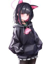  1girl absurdres animal_ears black_choker black_hair black_jacket black_pantyhose blue_archive blush cat_ears choker colored_inner_hair commentary english_commentary extra_ears halo hands_in_pockets highres hood hood_down hooded_jacket jacket kazusa_(blue_archive) long_sleeves looking_at_viewer miniskirt multicolored_hair neckerchief pantyhose pink_eyes pink_hair pink_neckerchief short_hair sidelocks simple_background skebisu skirt solo standing streaked_hair upper_body white_background white_skirt 