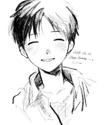  1boy blush character_name closed_eyes closed_mouth collared_shirt cropped_shoulders dated facing_viewer greyscale happy_birthday hashtag-only_commentary highres ikari_shinji male_focus middle_part monochrome neon_genesis_evangelion shirt short_hair simple_background solo teeth umum5353 undershirt white_background 