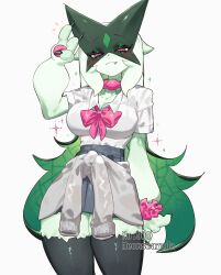  1girl :3 animal_hands animal_nose black_fur bow bowtie breasts claws closed_mouth clothed_pokemon clothes_around_waist collared_shirt commentary fang furry furry_female green_fur green_hair grey_jacket grey_skirt highres jacket jacket_around_waist long_hair looking_at_viewer mask meowscarada pawpads pink_bow pink_bowtie pink_eyes pokemon pokemon_(creature) shirt simple_background skirt solo standing togetoge two-tone_fur upper_body white_background white_shirt 