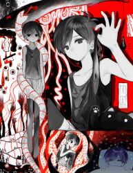  2boys antenna_hair black_eyes black_hair black_tank_top black_thighhighs closed_mouth collarbone colored_skin door dual_persona expressionless hand_up highres knees_up light_bulb looking_at_viewer multiple_boys omori omori_(omori) rou_(h_s_sinrin) shorts sitting snake_(omori) something_(omori) striped_clothes striped_shorts sunny_(omori) tank_top thigh-highs under_covers vertical-striped_clothes vertical-striped_shorts white_shorts white_skin 